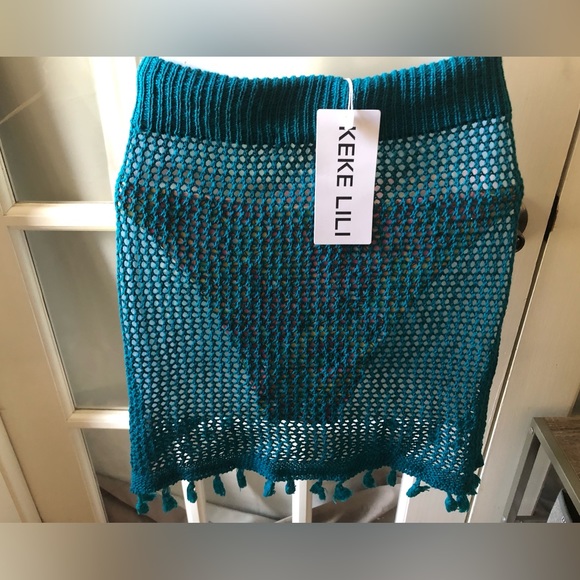 Women’s knit teal drawstring mini swimsuit coverups in size medium - Picture 4 of 4